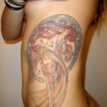 Alphonse Mucha Art Nouveau color flowing red hair feminine beauty tattoo