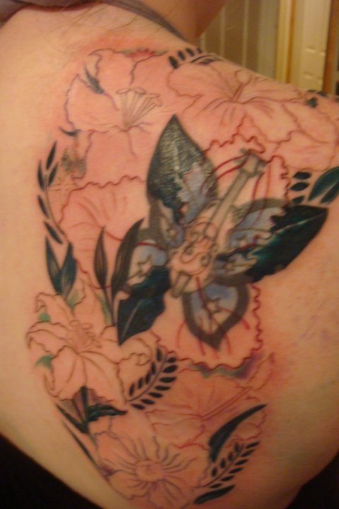 Flower Cover Up Tattoo On Shoulder