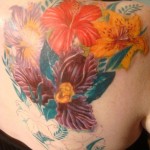 color flower shoulder tattoo cover up in progress by Adal