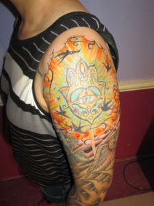 full color hamsa hand owl sleeve tattoo by Adal
