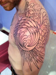 organic fractal experiment arm tattoo on shoulder by Adal