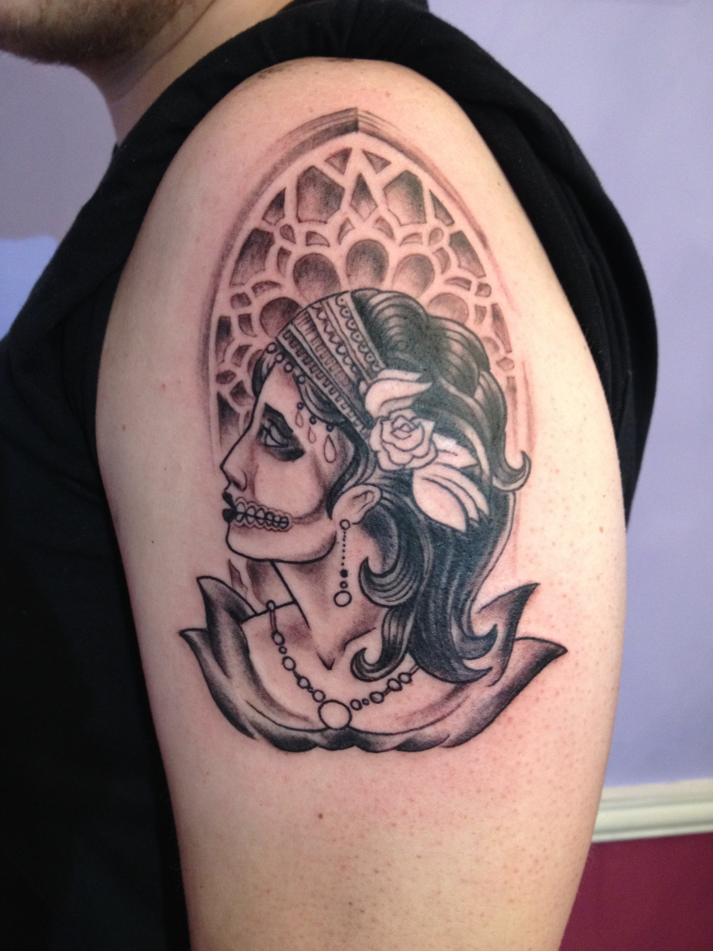 sugar skull tattoo dia de los muertos day of the dead black grayscale stained glass gypsy woman Majestic Tattoo NYC