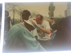 Keith Haring signing children's shirts at the Pinnacle 1989