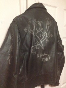 Keith Haring autographed signed leather jacket from 1989, Kwong Chi signature on sleeve