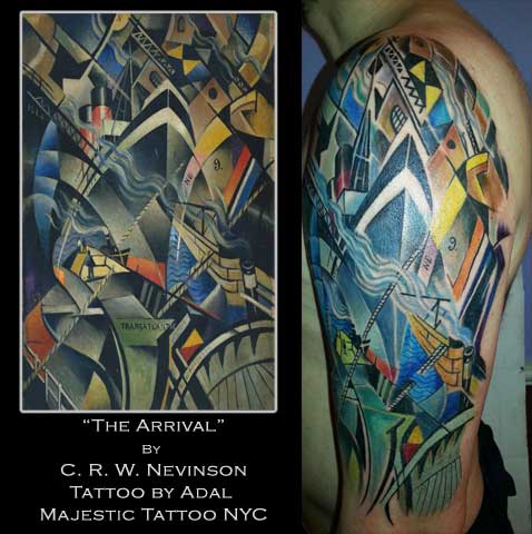 Christopher Richard Wynne Nevinson the Arrival tattoo by Adal Majestic Tattoo NYC